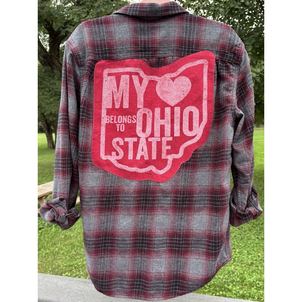 My Heart Belongs To Ohio State Upcycled Flannel Shirt Men’s Size Medium Buckeyes
